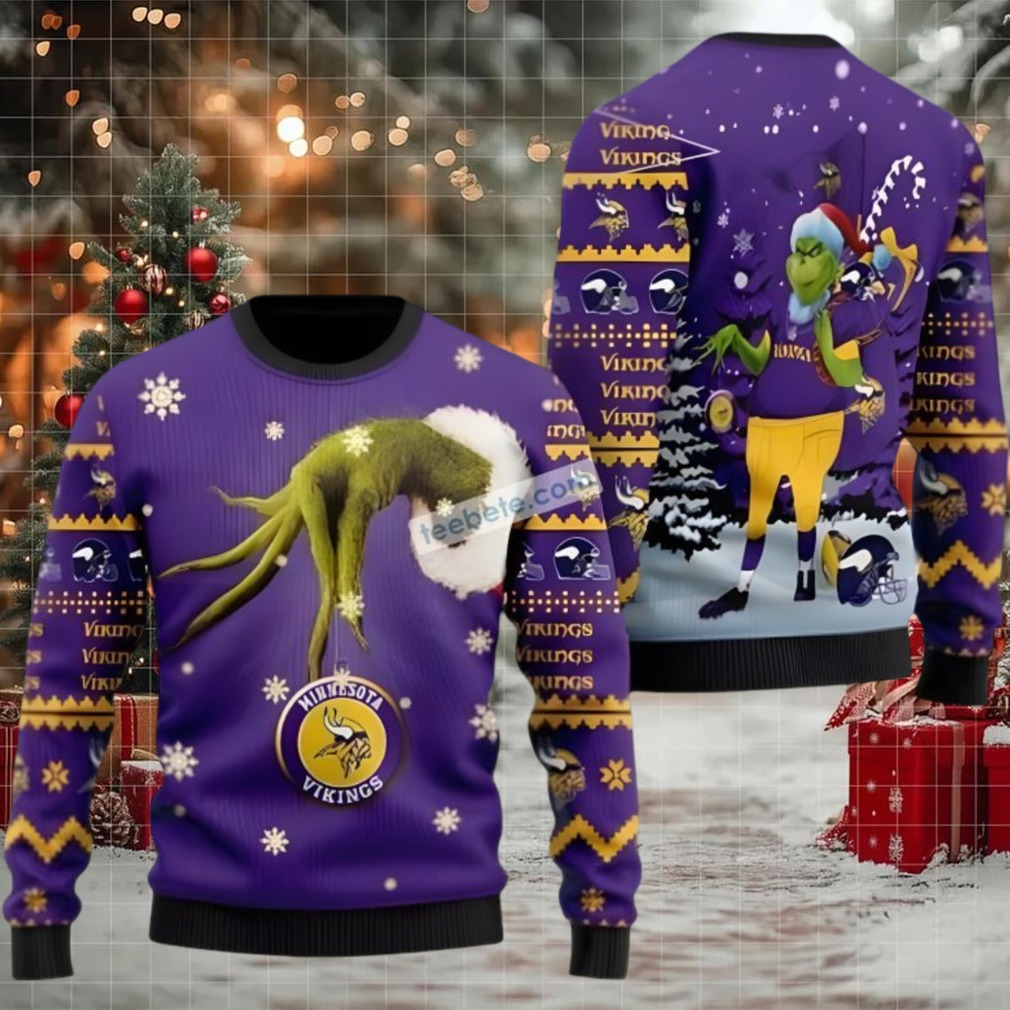 Minnesota Vikings The Grinch Hand Ugly Christmas Sweatshirt Purple