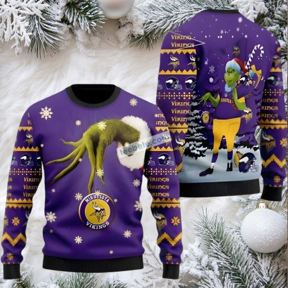 Minnesota Vikings The Grinch Hand Ugly Christmas Sweatshirt Purple Minnesota Vikings The Grinch Hand Ugly Christmas Sweatshirt Purple