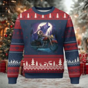 Native American Rider Ugly Christmas Sweater Vintage Indian American Motorcycle Wolf