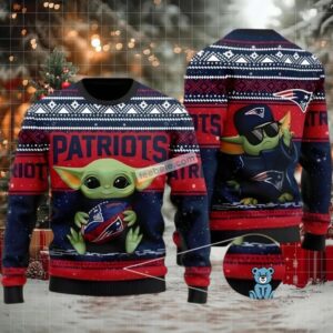 New England Patriots Baby Yoda Star Wars Ugly Christmas Sweater Blue Red Cheap New England Patriots Baby Yoda Star Wars Ugly Christmas Sweater Blue Red Cheap