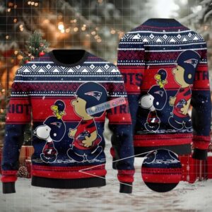 New England Patriots Charlie Brown Snoopy Woodstock Ugly Christmas Sweater Blue New England Patriots Charlie Brown Snoopy Woodstock Ugly Christmas Sweater Blue