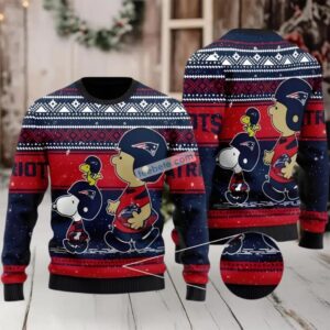 New England Patriots Charlie Brown Snoopy Woodstock Ugly Christmas Sweater Blue