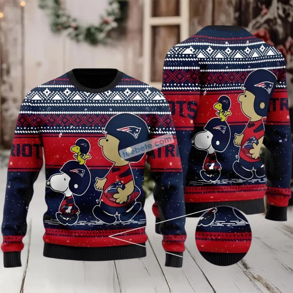 New England Patriots Charlie Brown Snoopy Woodstock Ugly Christmas Sweater Blue