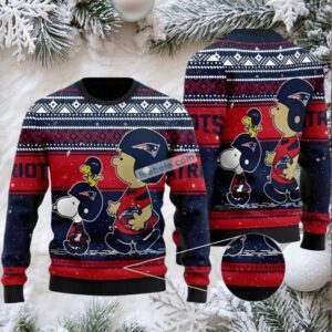 New England Patriots Charlie Brown Snoopy Woodstock Ugly Christmas Sweater Blue