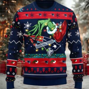 New England Patriots Grinch Hand Ugly Christmas Sweater Adults Blue Red