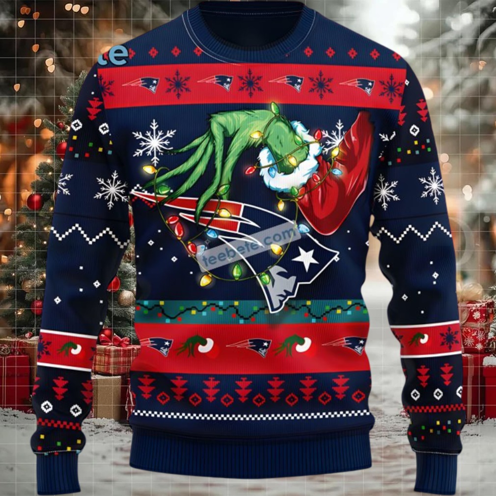 New England Patriots Grinch Hand Ugly Christmas Sweater Adults Blue Red New England Patriots Grinch Hand Ugly Christmas Sweater Adults Blue Red