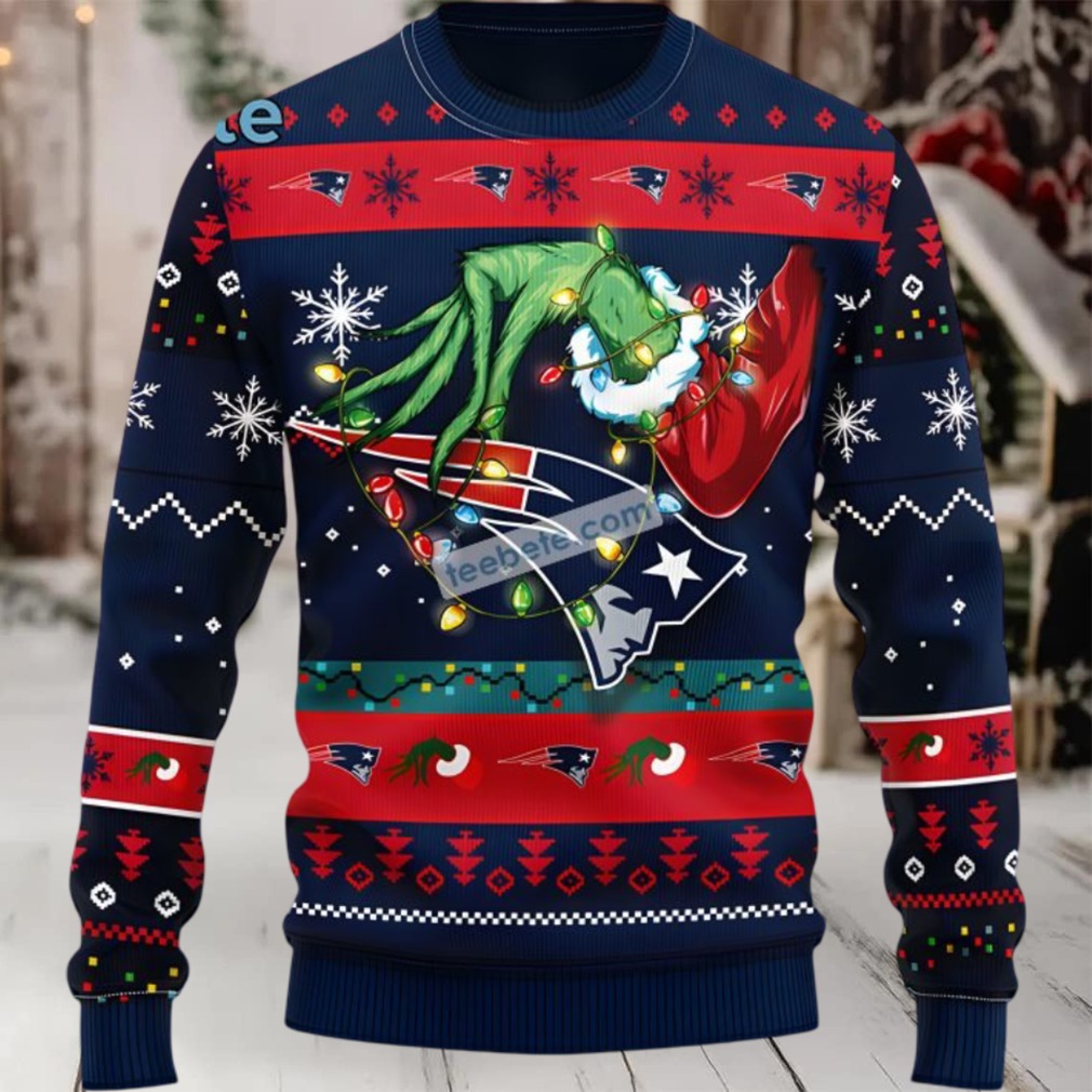 New England Patriots Grinch Hand Ugly Christmas Sweater Adults Blue Red New England Patriots Grinch Hand Ugly Christmas Sweater Adults Blue Red
