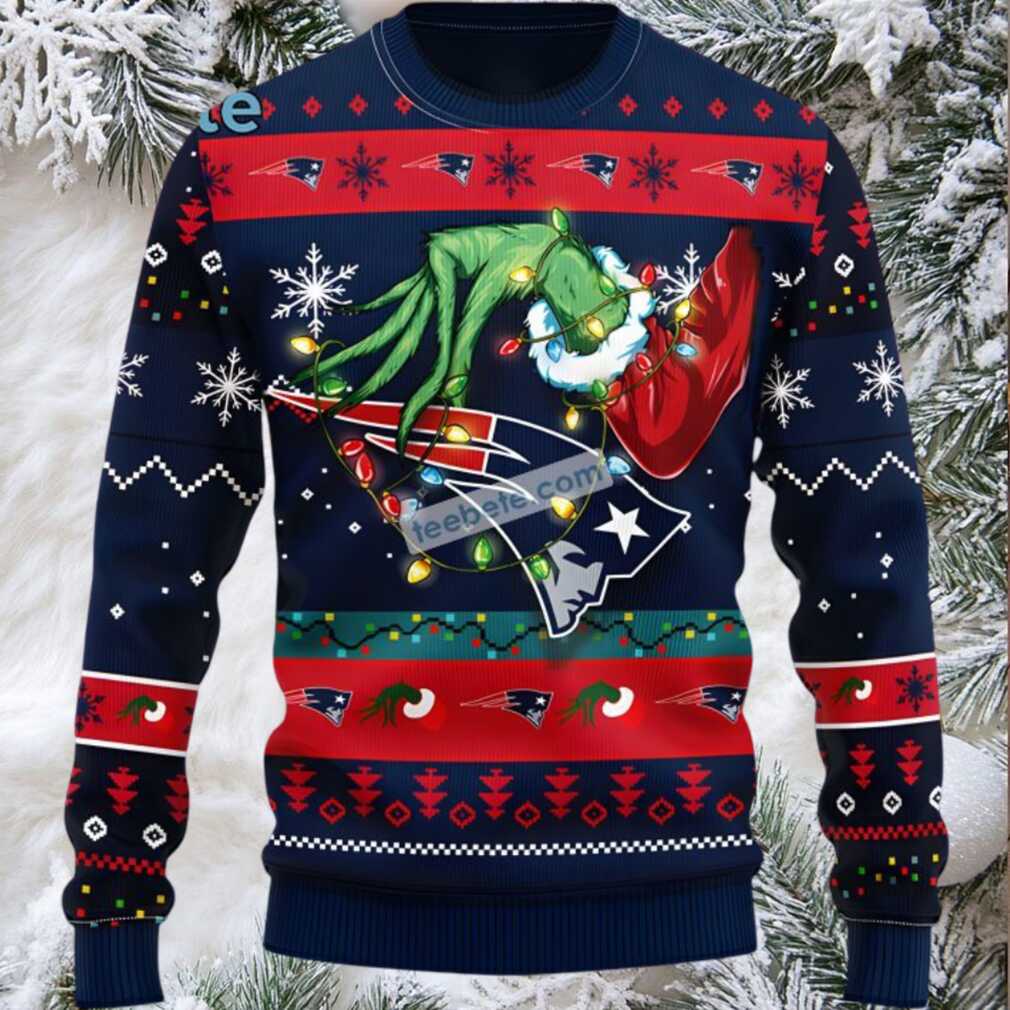 New England Patriots Grinch Hand Ugly Christmas Sweater Adults Blue Red New England Patriots Grinch Hand Ugly Christmas Sweater Adults Blue Red