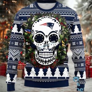 New England Patriots Skull Flower Ugly Xmas Sweater Blue New England Patriots Skull Flower Ugly Xmas Sweater Blue
