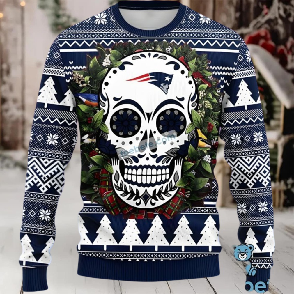 New England Patriots Skull Flower Ugly Xmas Sweater Blue