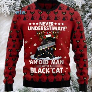 Old Man With Black Cat Dad Ugly Christmas Sweater Friends