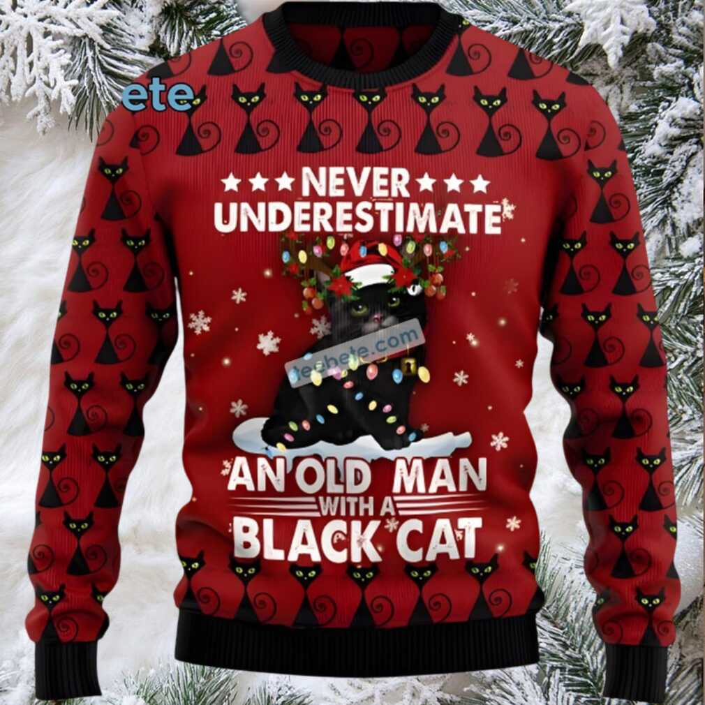 Old Man With Black Cat Dad Ugly Christmas Sweater Friends