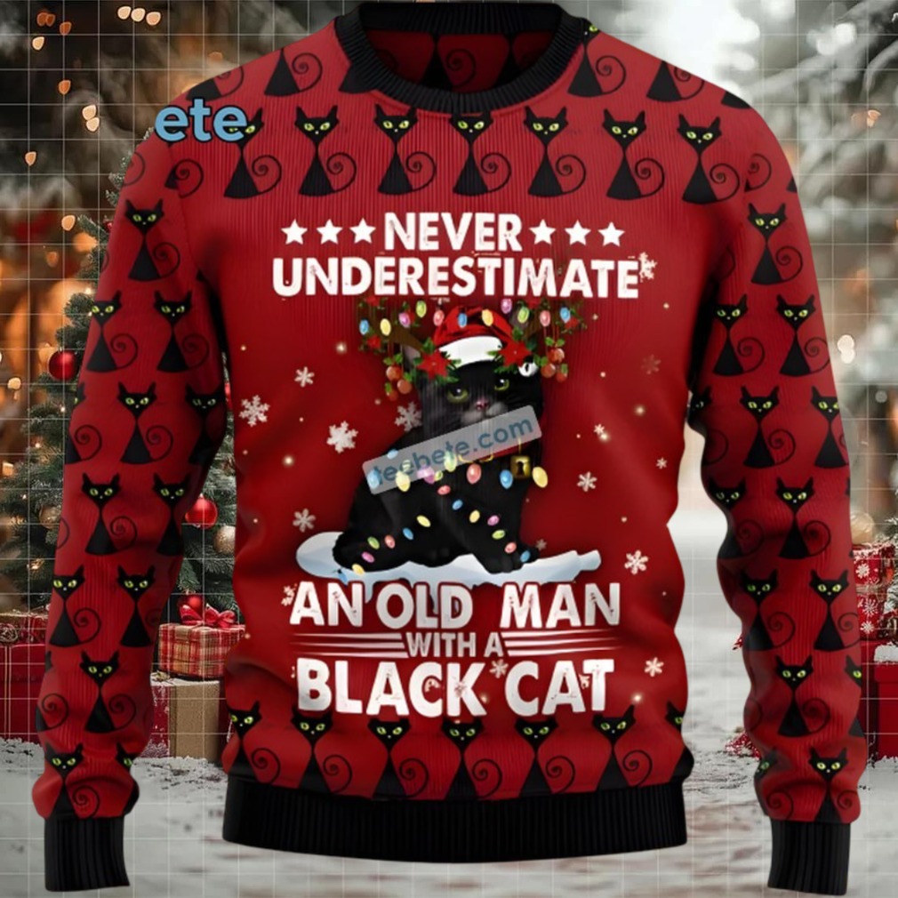 Old Man With Black Cat Dad Ugly Christmas Sweater Friends