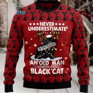 Old Man With Black Cat Dad Ugly Christmas Sweater Friends