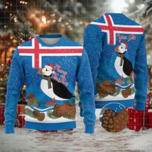 Personalised Iceland Christmas Ugly Christmas Sweater Puffin Santa Winter Flag Style