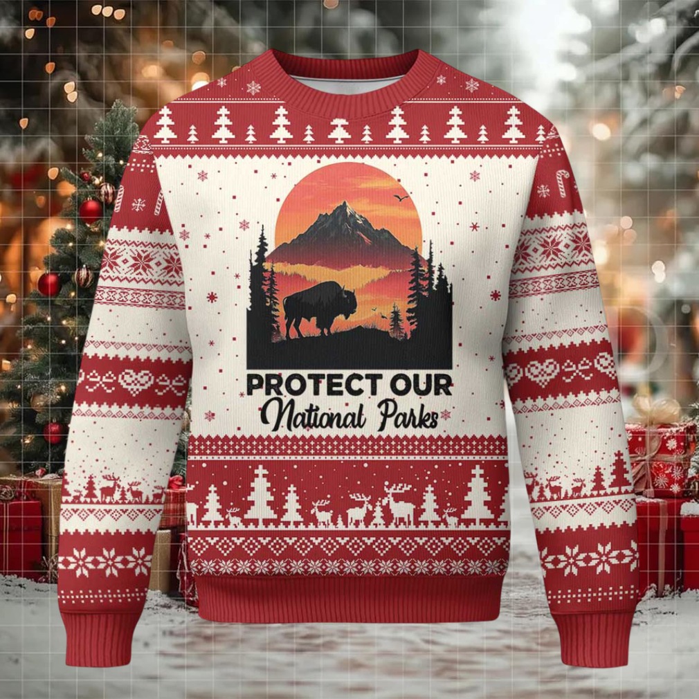 Protect Our National Parks Ugly Christmas Sweater Bison Buffalo Vintage Graphic