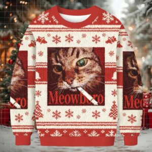 Red Meowlboro Smoking Cat Christmas Ugly Sweatshirt