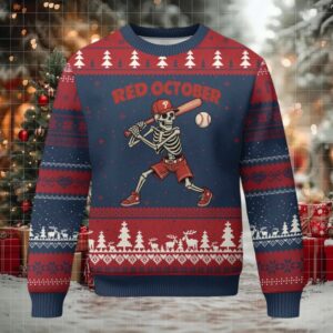 Red October Skeleton Baseball Ugly Christmas Sweater Philadelphia Halloween Costume Funny