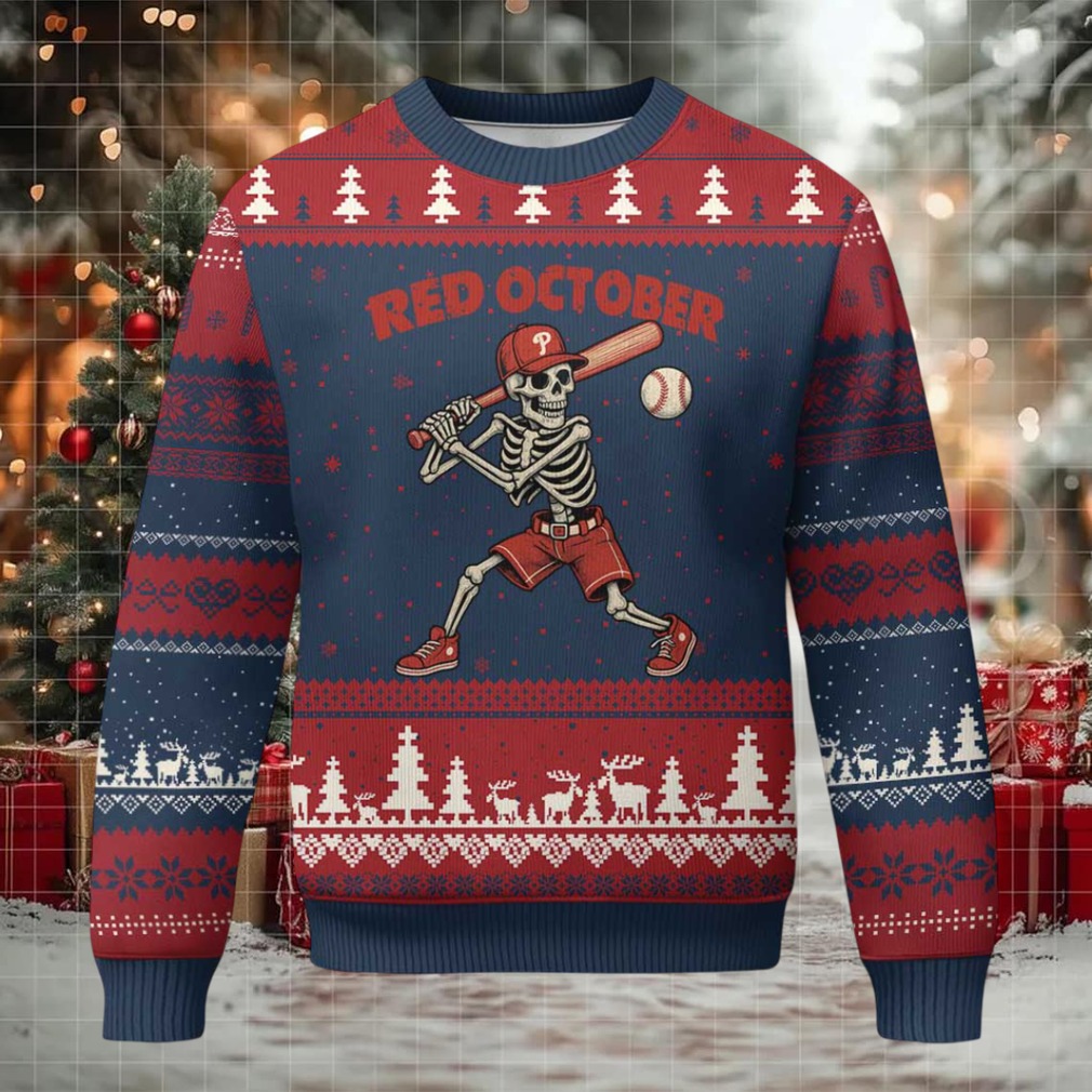 Red October Skeleton Baseball Ugly Christmas Sweater Philadelphia Halloween Costume Funny