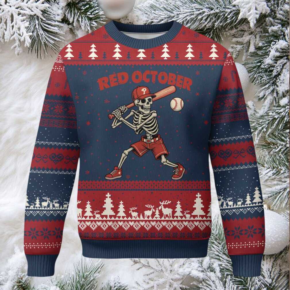 Red October Skeleton Baseball Ugly Christmas Sweater Philadelphia Halloween Costume Funny