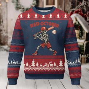 Red October Skeleton Baseball Ugly Christmas Sweater Philadelphia Halloween Costume Funny