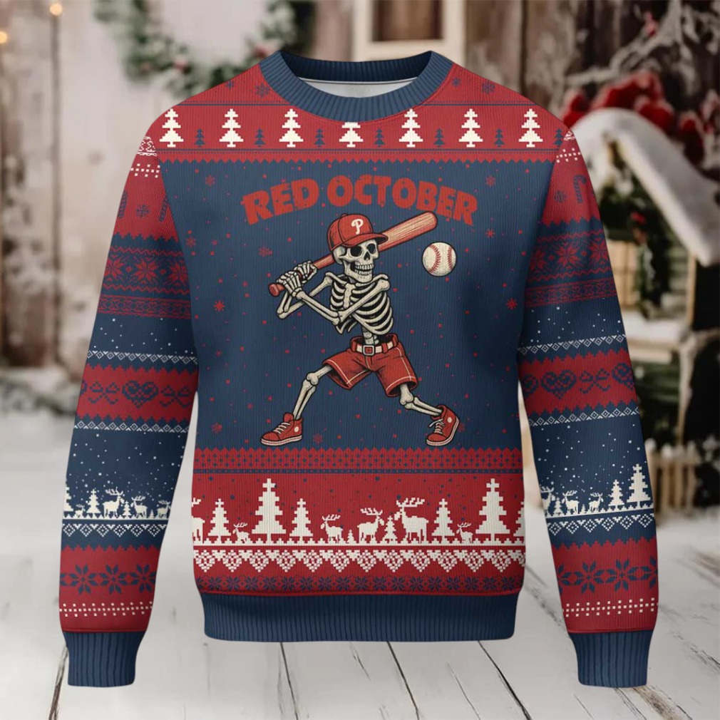 Red October Skeleton Baseball Ugly Christmas Sweater Philadelphia Halloween Costume Funny Red October Skeleton Baseball Ugly Christmas Sweater Philadelphia Halloween Costume Funny