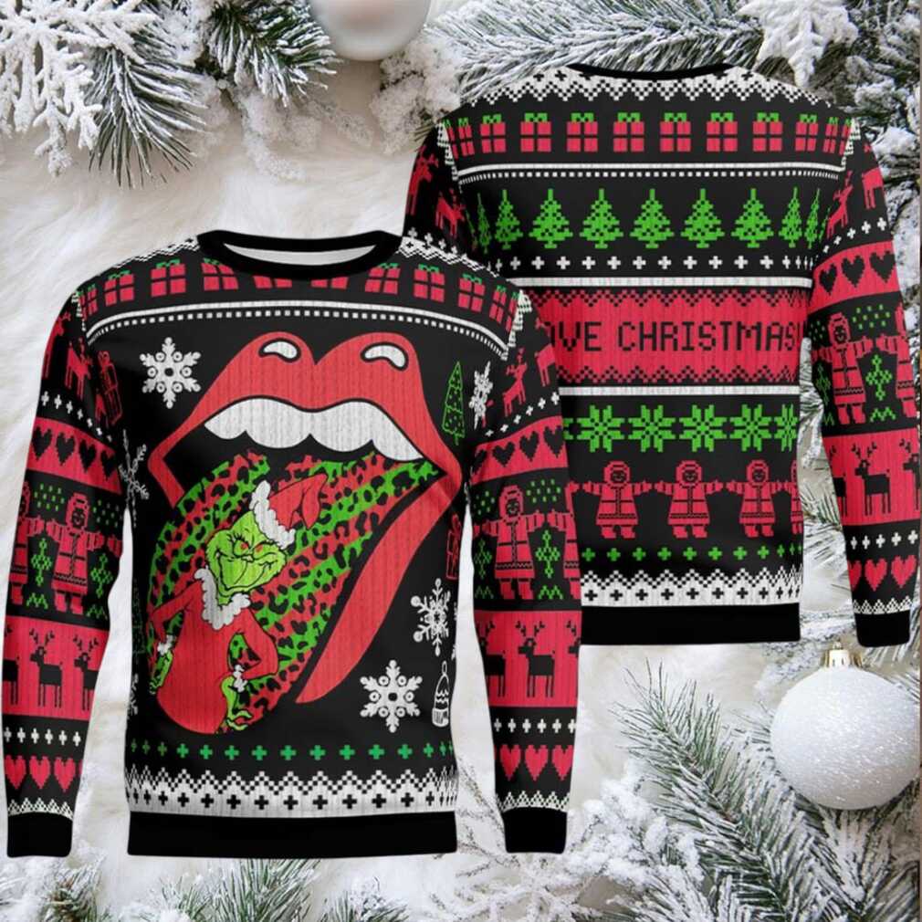 Rolling Stones Big Logo With Grinch Stole The Tongue Funny Ugly Christmas Sweater