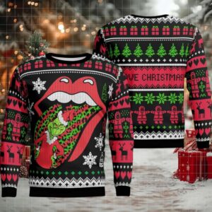 Rolling Stones Big Logo With Grinch Stole The Tongue Funny Ugly Christmas Sweater