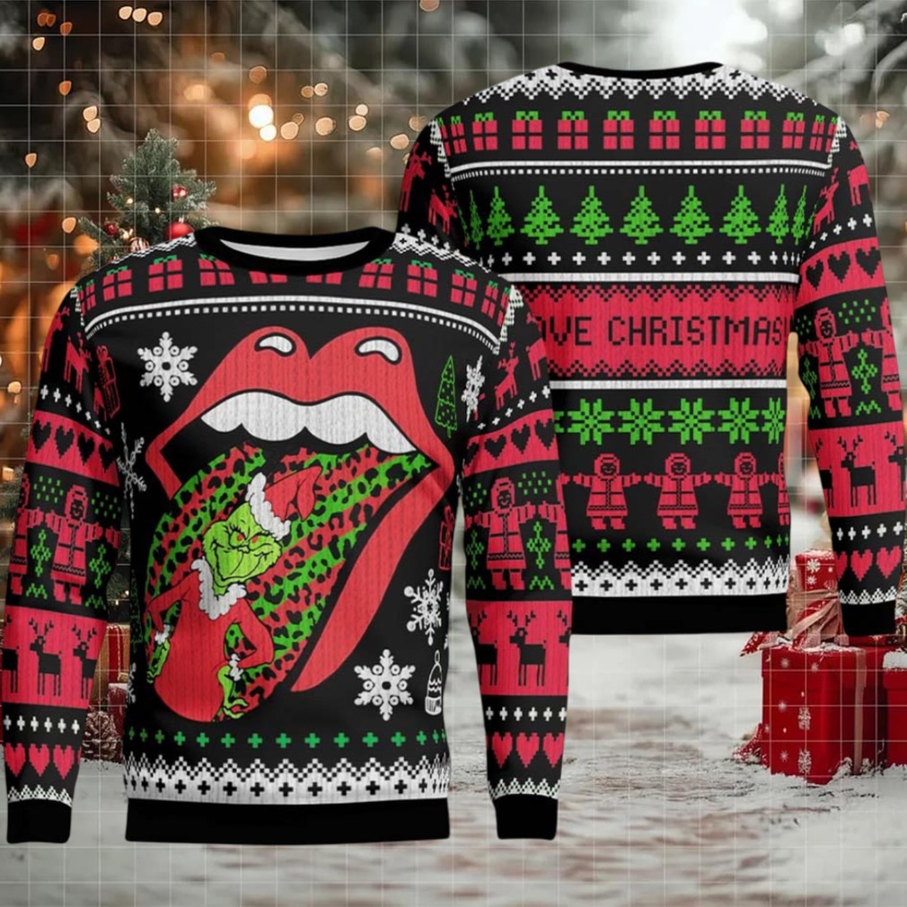 Rolling Stones Big Logo With Grinch Stole The Tongue Funny Ugly Christmas Sweater