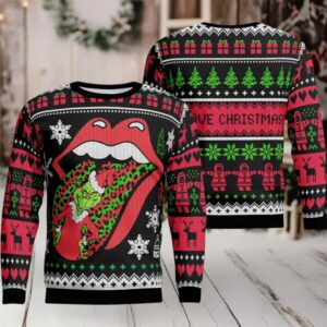 Rolling Stones Big Logo With Grinch Stole The Tongue Funny Ugly Christmas Sweater