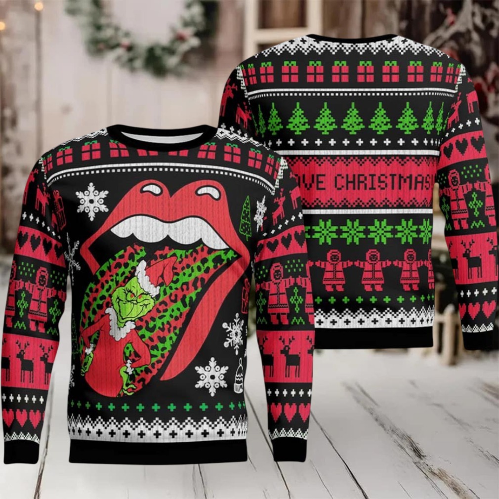 Rolling Stones Big Logo With Grinch Stole The Tongue Funny Ugly Christmas Sweater Rolling Stones Big Logo With Grinch Stole The Tongue Funny Ugly Christmas Sweater