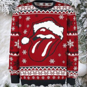 Rolling Stones Big Santa Tongue Logo With Snowy Pattern Knitted Retro Red Ugly Christmas Sweater