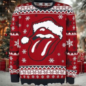 Rolling Stones Big Santa Tongue Logo With Snowy Pattern Knitted Retro Red Ugly Christmas Sweater