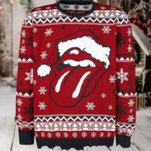 Rolling Stones Big Santa Tongue Logo With Snowy Pattern Knitted Retro Red Ugly Christmas Sweater