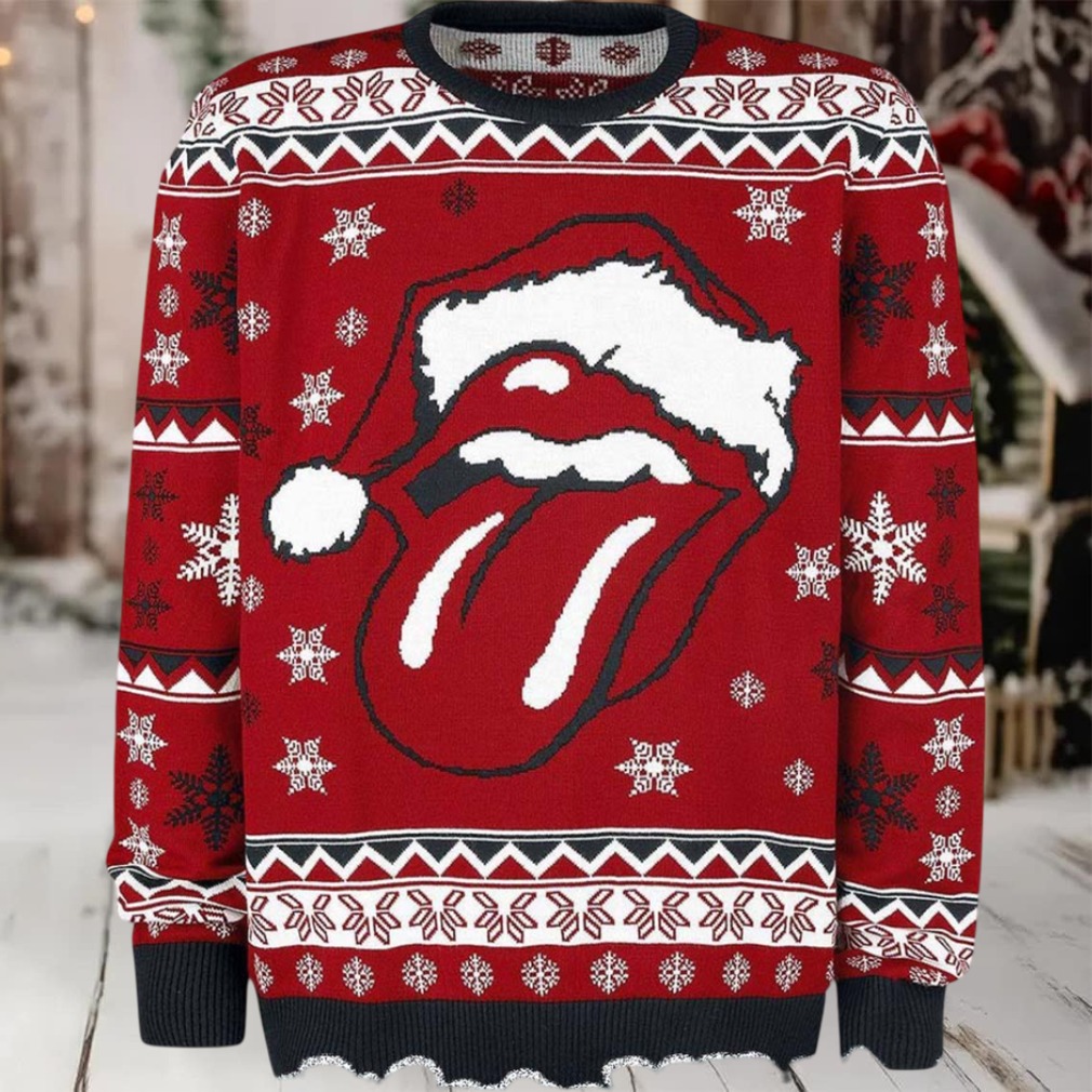 Rolling Stones Big Santa Tongue Logo With Snowy Pattern Knitted Retro Red Ugly Christmas Sweater Rolling Stones Big Santa Tongue Logo With Snowy Pattern Knitted Retro Red Ugly Christmas Sweater