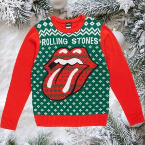 Rolling Stones Gile Style Big Tongue Logo With Green And Snowflakes Holiday Vibe Knitted Red Christmas Ugly Sweater