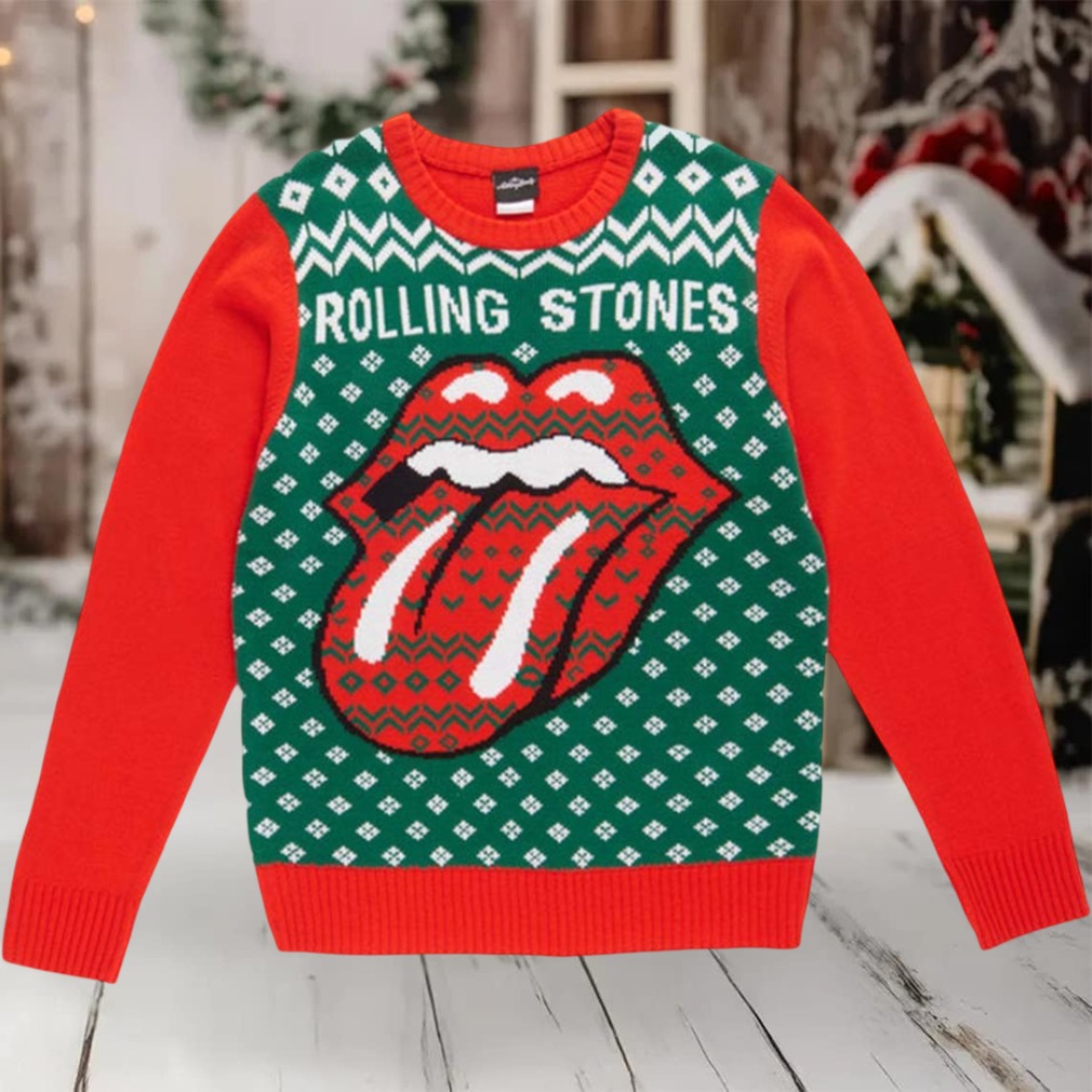 Rolling Stones Gile Style Big Tongue Logo With Green And Snowflakes Holiday Vibe Knitted Red Christmas Ugly Sweater Rolling Stones Gile Style Big Tongue Logo With Green And Snowflakes Holiday Vibe Knitted Red Christmas Ugly Sweater
