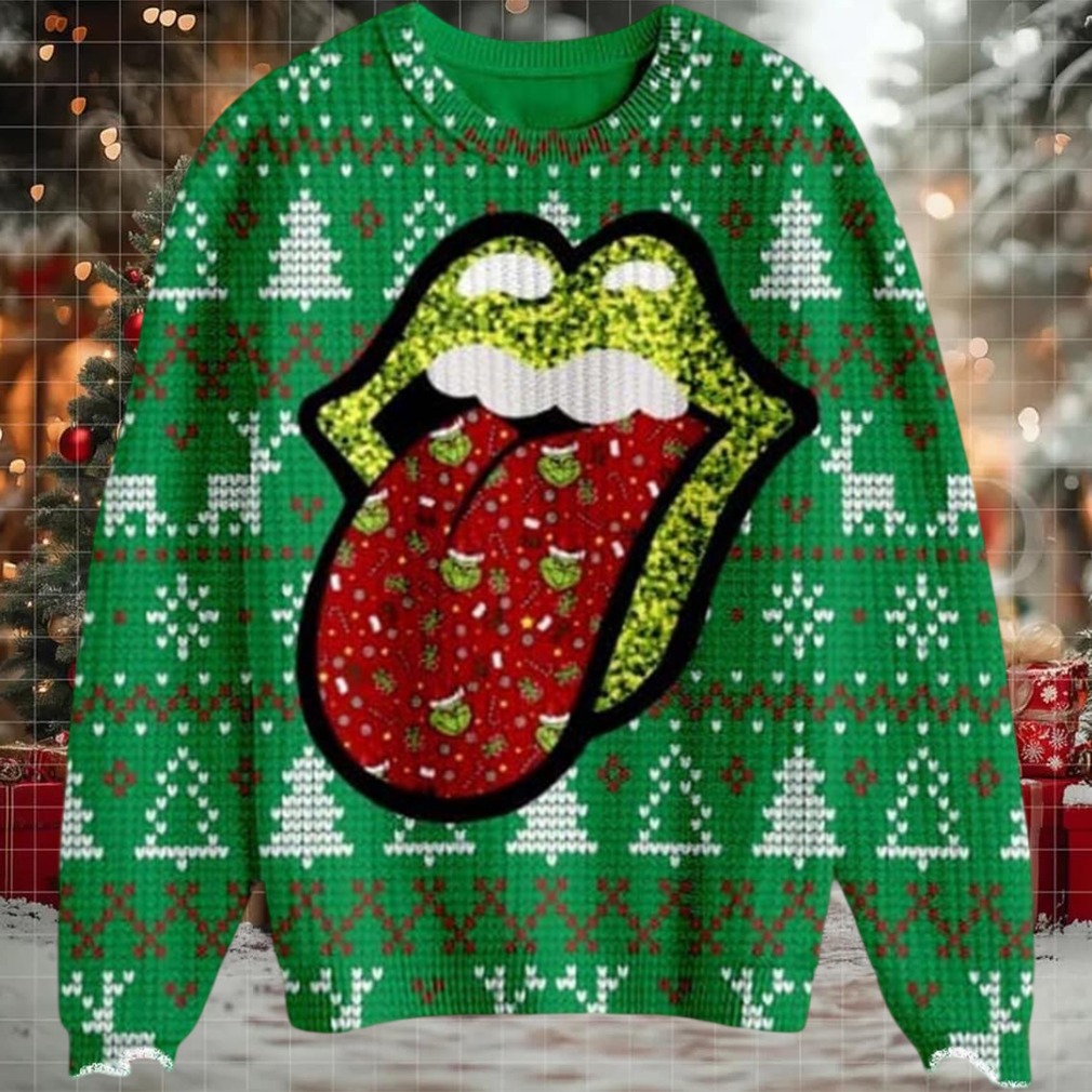 Person wearing Grinch Pattern Rolling Stones Ugly Christmas Sweater
