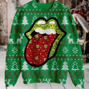 Rolling Stones Grinch Pattern In Tongue With Green Lips Funny Signature Logo Ugly Christmas Sweater