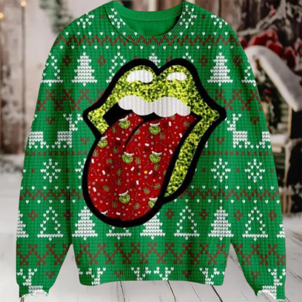 Rolling Stones Grinch Pattern In Tongue With Green Lips Funny Signature Logo Ugly Christmas Sweater Rolling Stones Grinch Pattern In Tongue With Green Lips Funny Signature Logo Ugly Christmas Sweater