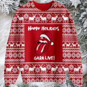 Rolling Stones Happy Holidays Grrr Live Reindeer Pattern Knitted Holiday Red Ugly Christmas Sweater