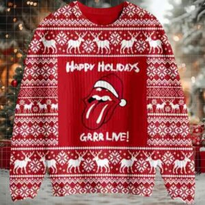Rolling Stones Happy Holidays Grrr Live Reindeer Pattern Knitted Holiday Red Ugly Christmas Sweater