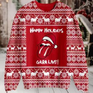 Rolling Stones Happy Holidays Grrr Live Reindeer Pattern Knitted Holiday Red Ugly Christmas Sweater