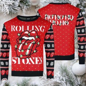 Rolling Stones Logo With Christmas Lights Twinkle Ho Ho Ho Ugly Christmas Sweater