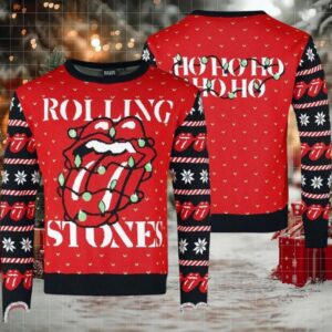 Rolling Stones Logo With Christmas Lights Twinkle Ho Ho Ho Ugly Christmas Sweater