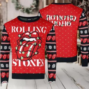 Rolling Stones Logo With Christmas Lights Twinkle Ho Ho Ho Ugly Christmas Sweater