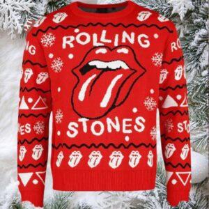 Rolling Stones Signature Tongue Logo All Over Pattern Holiday Knitted Red Ugly Christmas Sweater