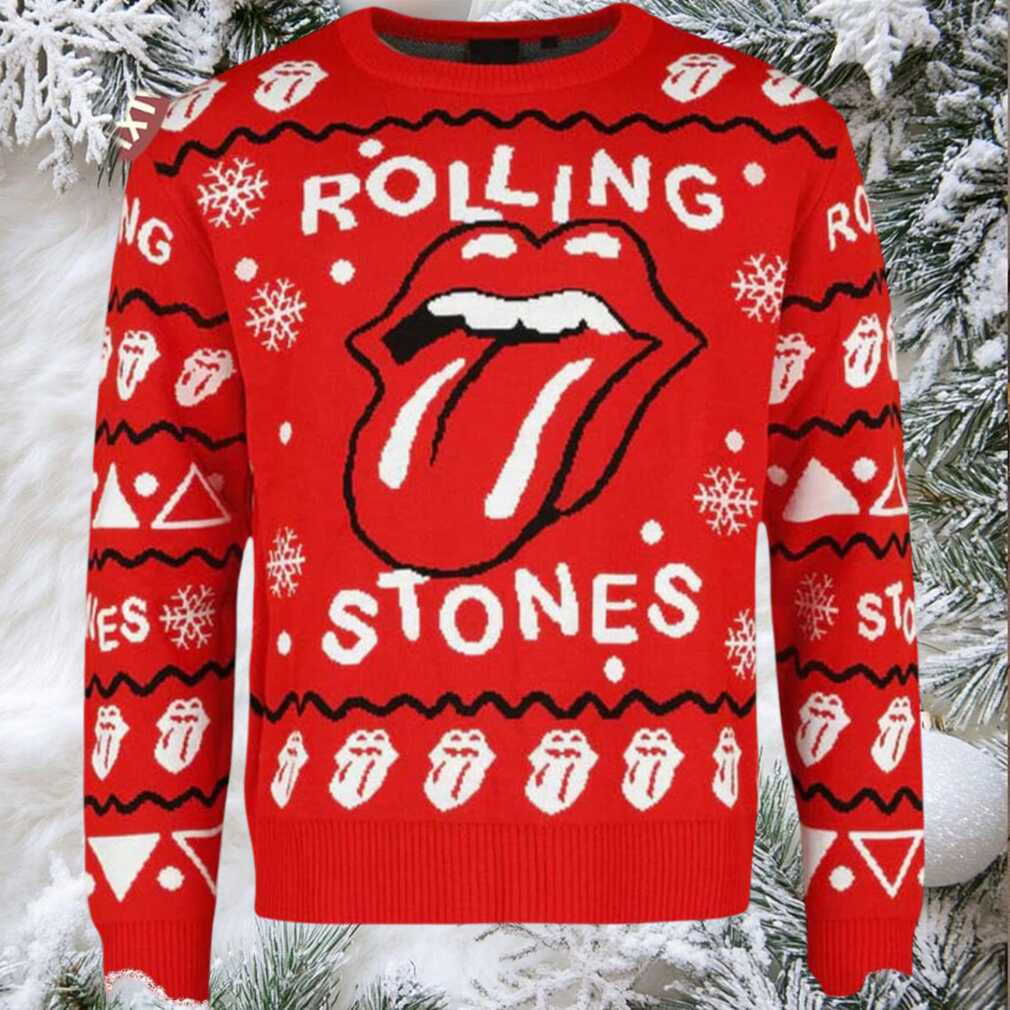Rolling Stones Signature Tongue Logo All Over Pattern Holiday Knitted Red Ugly Christmas Sweater