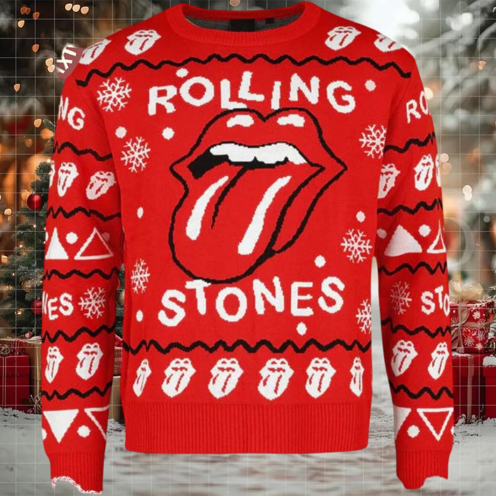 Rolling Stones Signature Tongue Logo All Over Pattern Holiday Knitted Red Ugly Christmas Sweater