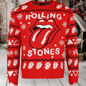 Rolling Stones Signature Tongue Logo All Over Pattern Holiday Knitted Red Ugly Christmas Sweater